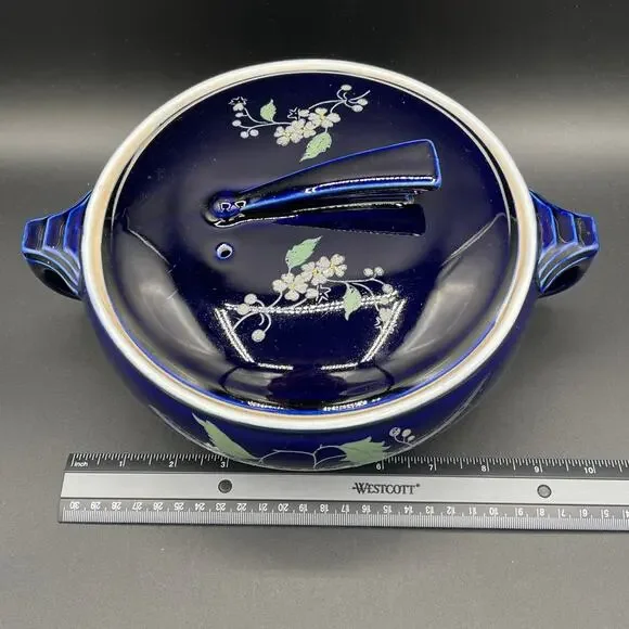 Vtg Hall China Sundial Casserole Dish with Lid - Cobalt Blue Garden Decal - Picture 5 of 10